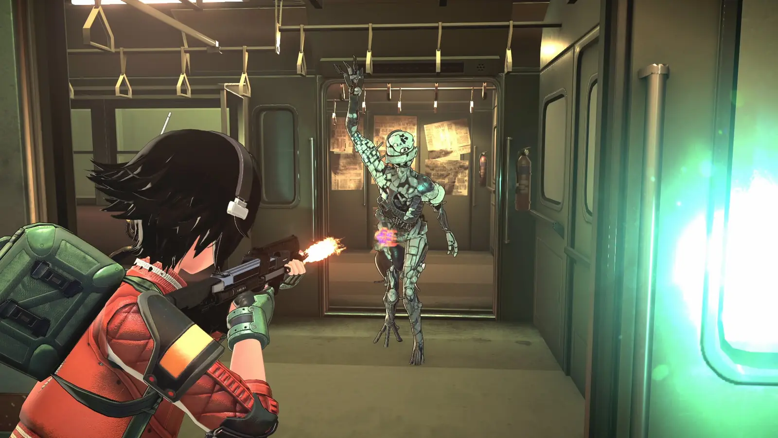 ANOMALITH protagonist firing at a humanoid enemy inside a subway carriage