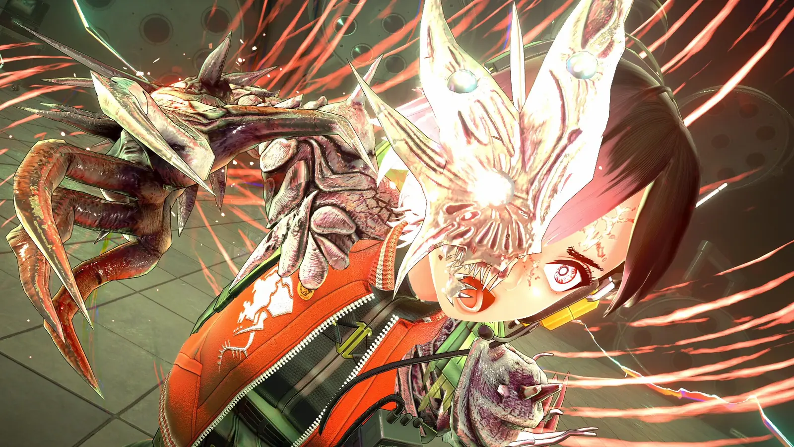 Close-up of the ANOMALITH protagonist's mutated face and arm