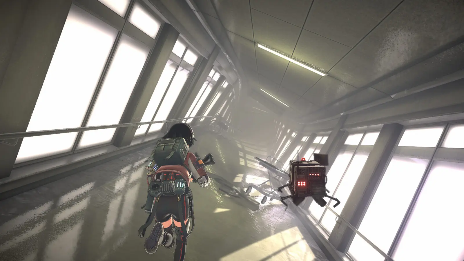 ANOMALITH protagonist and floating device in a tilted corridor