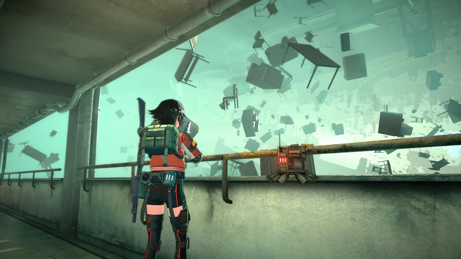 ANOMALITH protagonist and floating device facing suspended furniture