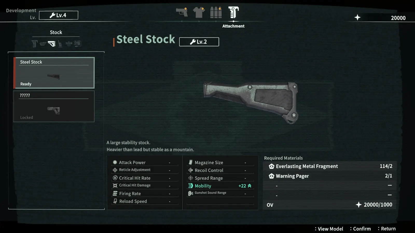 ANOMALITH crafting screen for the Steel Stock weapon attachment
