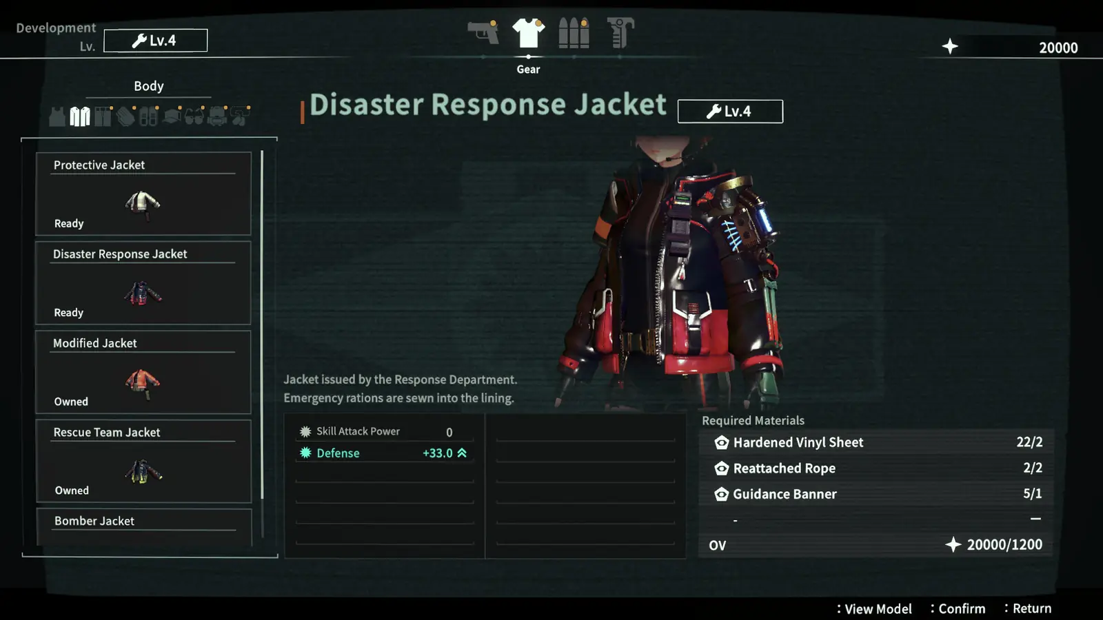 ANOMALITH crafting screen for the Disaster Response Jacket